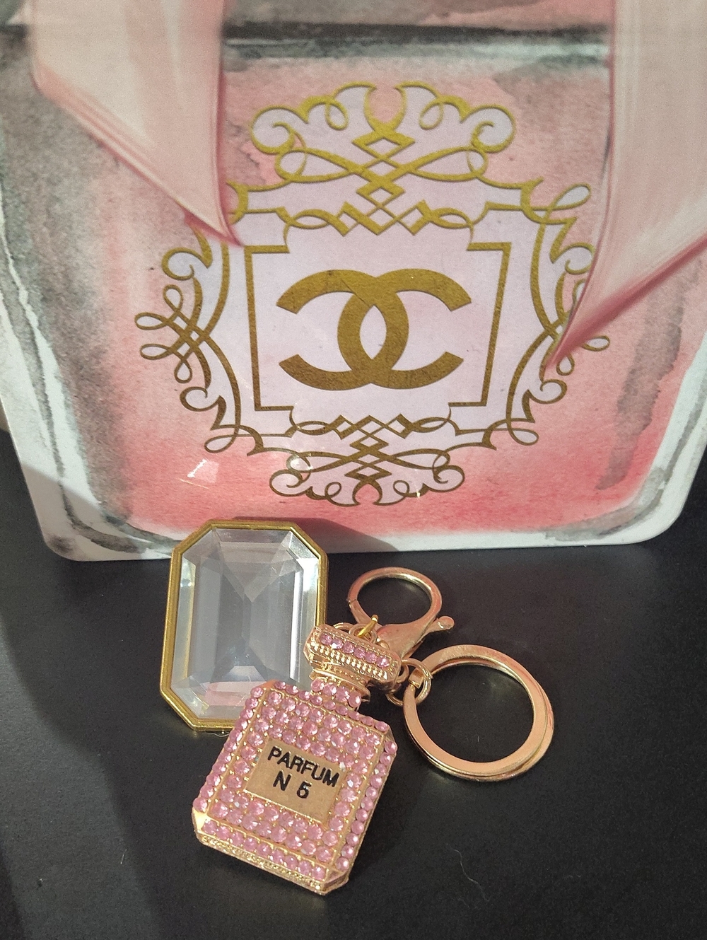 Chanel-Inspired Pink Rhinestone Parfum Bottle Keychain 1 Pink